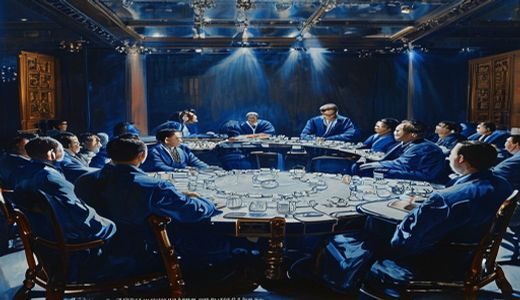 2026年金瓶梅学术研讨会现场，学者围坐圆桌讨论，背景展示词话本原版书影，宝石蓝色调学术氛围浓厚